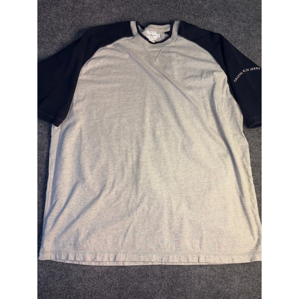 Calvin Klein T Shirt Mens Large Gray Navy Contrast Cotton Short Sleeve Pullover